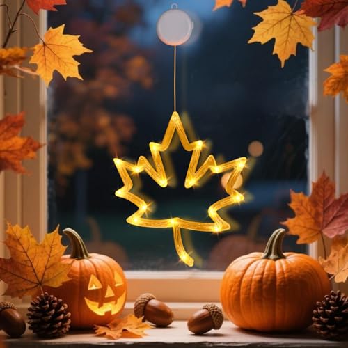 Herbstdeko LED Ahornblatt Licht Herbst Dekoration Innen Fensterlichter mit Saugnapf Wasserdicht Herbst Deko Fenster Lichter Halloween Deko Kürbis Lichterkette Fensterdeko Herbst Dekoration (A) von FONDUO
