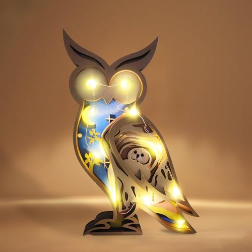 Holz Deko Aufsteller Mit LED Nachtlicht, 3D Handwerk Desktop Deko Beleuchtung mit 2 Modi, Holz Tiere Figuren Deko LED Licht Für Tisch Fensterbank Schlafzimmer Kinderzimmer, Wohndeko Geschenk (Eule) von FONDUO