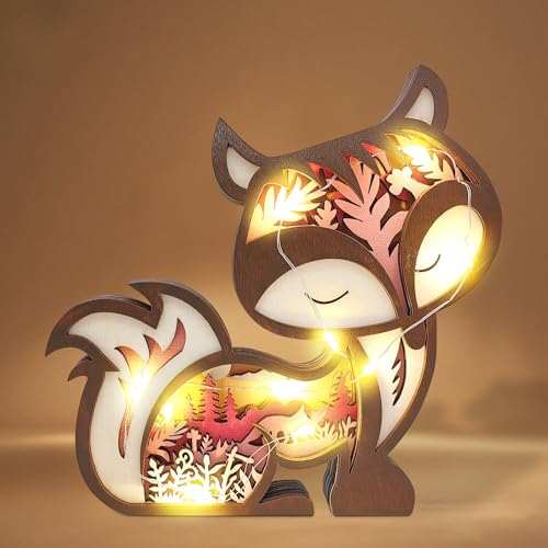 Holz Deko Aufsteller Mit LED Nachtlicht, 3D Handwerk Desktop Deko Beleuchtung mit 2 Modi, Holz Tiere Figuren Deko LED Licht Für Tisch Fensterbank Schlafzimmer Kinderzimmer, Wohndeko Geschenk (Fuchs) von FONDUO