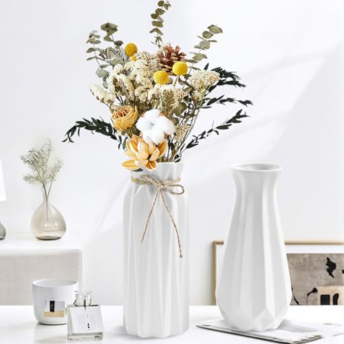 Keramik Vasen Deko Frühling 2er-Set, Modern Weiße Blumenvase für Boho Home Decor, Frühling Deko Vase Aesthetic, Tischdecko Geschenk, Vasen Set für Bücherregal Tisch Frühling Sommer Decor (D) von FONDUO