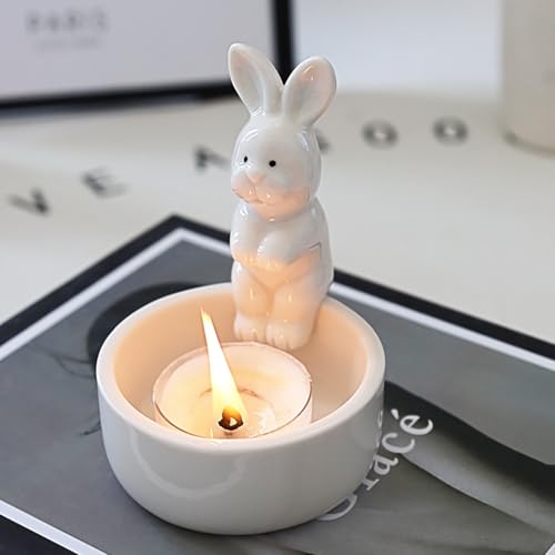 Niedliche Teelichthalter Für Osterdeko, Keramik Osterhase Kerzenhalter, Süß Ostertiere Candle Holder Für Teelicht, Ostern Geschenke Für Wärmen Wohnzimmer Schlafzimmer Deko Tischdeko (Kaninchen) von FONDUO