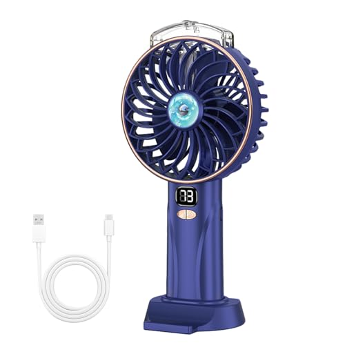 Tragbarer Sprühventilator, Mini Hand Ventilator Mit Eiskühlung, 3000mAh Handventilator Akku Aufladbar, 2 Sprühnebel Modi Und 5 Geschwindigkeiten, Taschenventilator, Handventilator, LED-Display (Blau) von FONDUO
