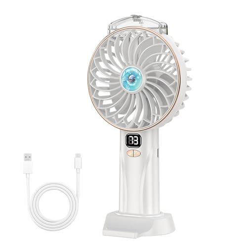 Tragbarer Sprühventilator, Mini Hand Ventilator Mit Eiskühlung, 3000mAh Handventilator Akku Aufladbar, 2 Sprühnebel Modi Und 5 Geschwindigkeiten, Taschenventilator, Handventilator, LED-Display (Weiß) von FONDUO