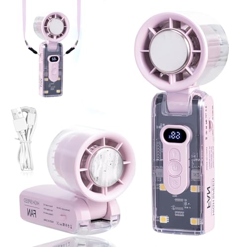 Tragbarer Turbo Handventilator Akku Aufladbar Mini Ventilator mit Kühlung, Taschenventilator, 3-in-1 Hand, Hals Tischventilator, USB-C Hand Ventilator, 5 Stufiger Wind, LED-Display LED Licht (Rosa) von FONDUO