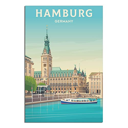 Deutschland Hamburg Vintage Reiseposter Hafenstadt Leinwandkunst Poster Gemälde Bilder Wandkunst Drucke, Wanddekoration für Schlafzimmer, Home Office Decor Party Geschenke 30 x 45 cm von FONNIQ