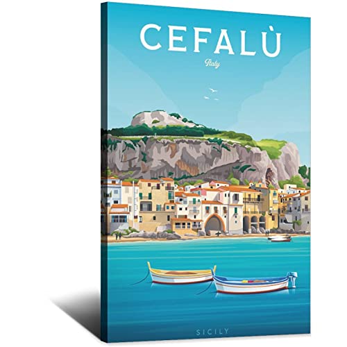 Italien Cefalu Vintage Reiseposter Sizilien Küste Stadt Leinwand Kunst Poster Gemälde Bilder Wandkunst Drucke, Wanddekoration für Schlafzimmer, Home Office Decor Party Geschenke 30 x 45 cm von FONNIQ