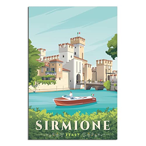 Italien Sirmione Vintage Reiseposter Stadt Schloss Leinwand Kunst Poster Malerei Bilder Wandkunst Drucke, Wanddekoration für Schlafzimmer, Home Office Decor Party Geschenke 20 x 30 cm von FONNIQ