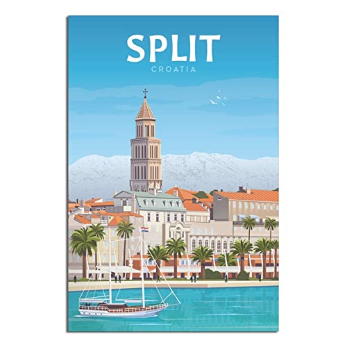 Kroatien Split Vintage Reiseposter Kirche Boot Leinwand Kunst Poster Gemälde Bilder Wandkunst Drucke, Wanddekoration für Schlafzimmer, Home Office Decor Party Geschenke 30 x 45 cm von FONNIQ