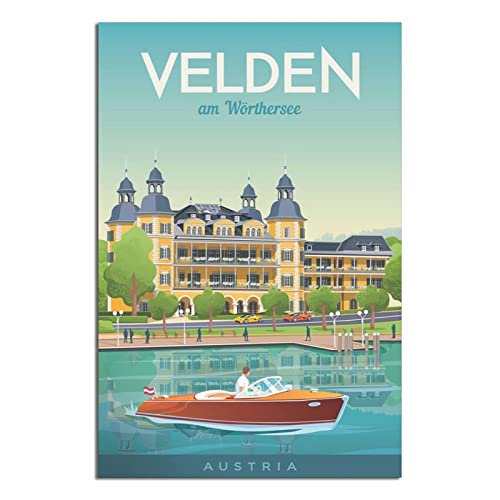 Österreich Velden Vintage-Reiseposter Küstenstadt, Leinwandkunst, Poster, Malerei, Bilder, Wandkunstdrucke, Wanddekoration für Schlafzimmer, Heimbüro, Dekoration, Partygeschenke, 40 x 60 cm von FONNIQ