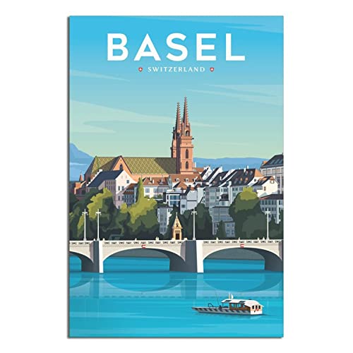 Schweiz Basel Vintage Reiseposter Brücke Stadt Leinwand Kunst Poster Gemälde Bilder Wandkunst Drucke, Wanddekoration für Schlafzimmer, Home Office Decor Party Geschenke 40 x 60 cm von FONNIQ