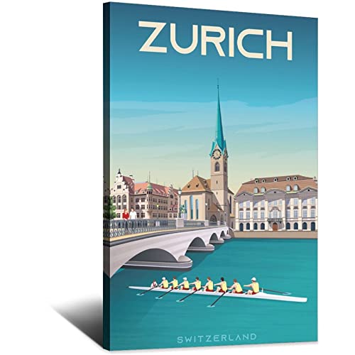 Schweiz Zürich Vintage Reiseposter Limmat Fluss Leinwand Kunst Poster Gemälde Bilder Wandkunst Drucke, Wanddekoration für Schlafzimmer, Home Office Decor Party Geschenke 50 x 75 cm von FONNIQ