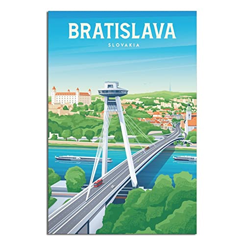 Slowakei Bratislava Vintage Reiseposter Neue Brücke Leinwand Kunst Poster Gemälde Bilder Wandkunst Drucke, Wanddekoration für Schlafzimmer, Home Office Decor Party Geschenke 30 x 45 cm von FONNIQ