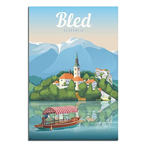 Slowenien Bled Vintage Reiseposter Stadt Gletschersee Leinwand Kunst Poster Gemälde Bilder Wandkunst Drucke, Wanddekoration für Schlafzimmer, Home Office Decor Party Geschenke 40 x 60 cm von FONNIQ