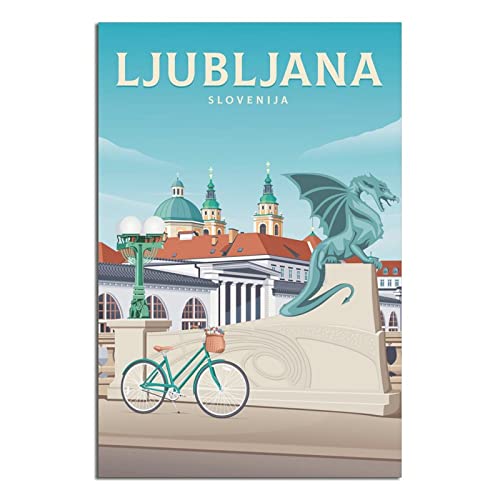 Slowenien Ljubljana Vintage Reiseposter Drachenbrücke Gebäude Leinwand Kunst Poster Malerei Bilder Wandkunst Drucke, Wanddekoration für Schlafzimmer, Home Office Decor Party Geschenke 40 x 60 cm von FONNIQ