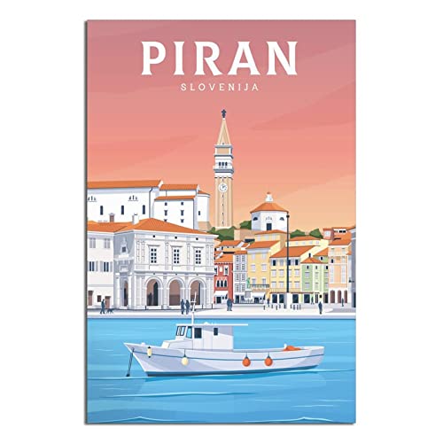 Slowenien Piran Vintage Reiseposter Stadt Boot Leinwand Kunst Poster Gemälde Bilder Wandkunst Drucke, Wanddekoration für Schlafzimmer, Home Office Decor Party Geschenke 50 x 75 cm von FONNIQ