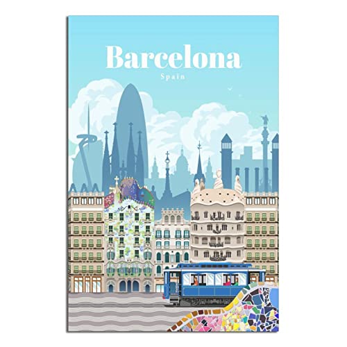 Spanien Barcelona Vintage Reiseposter Straßenbahn Leinwand Kunst Poster Gemälde Bilder Wandkunst Drucke, Wanddekoration für Schlafzimmer, Home Office Decor Party Geschenke 20 x 30 cm von FONNIQ