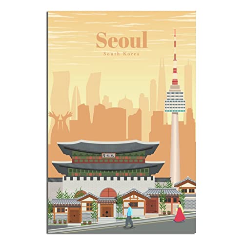 Südkorea Seoul Vintage Reiseposter TowerCanvas Art Poster Malerei Bilder Wandkunstdrucke, Wanddekoration für Schlafzimmer, Home Office Decor Party Geschenke 30 x 45 cm von FONNIQ