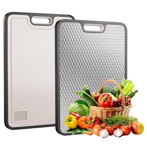 FONPOO Schneidebrett Edelstahl, Weizenstroh Schneidebrett mit Saftrille, 2 in 1 Schneidbrett, Robust und Langlebig, zum Schneiden von Fleisch, Obst und Gemüse（26,5 x 38,5cm） von FONPOO