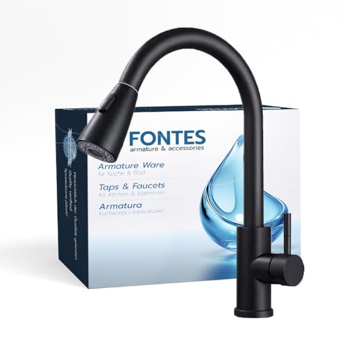 FONTES Schwarze Küchenarmatur mit Ausziehbrause | 2 Strahlarten | Flexibler Wasserhahn Einhebelmischer | Zink-Messing | Moderne Spültischarmatur für Küche und Bad FONTES Schwarze Küchenarmatur mit Ausziehbrause | 2 Strahlarten | Flexibler Wasserhahn Einhebelmischer | Zink-Messing | Moderne Spültischarmatur für Küche und Bad von FONTES