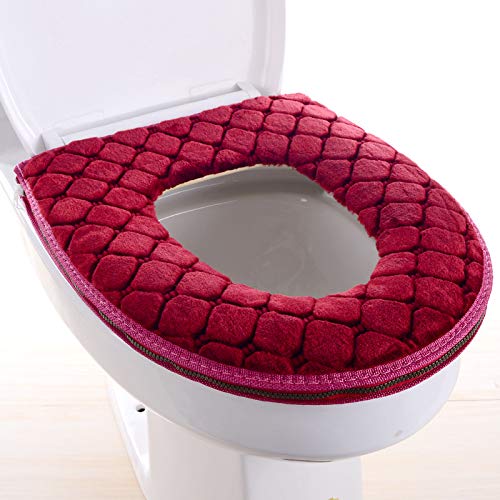 FOOBRTOPOO Dicker Reißverschluss Toilettensitzbezug für Toilettendeckel, warm, Toilettensitz-Matte (grau), Plüsch, rot, Approx.37x43cm von FOOBRTOPOO