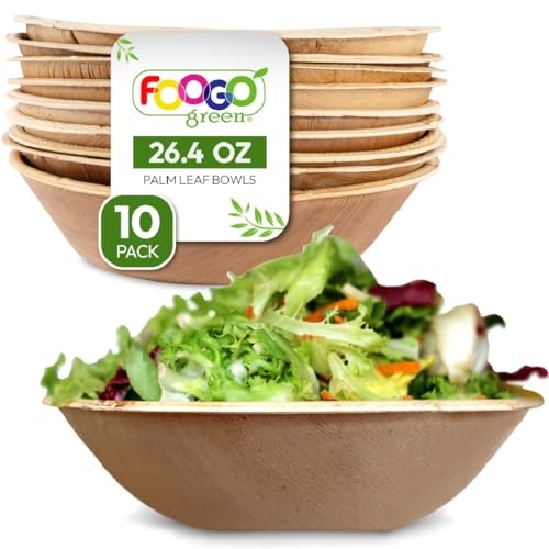 FOOGO Green 10 Einweg-Palmblatt-Servierschalen, 8 Zoll (20 cm) 26,5 oz (750 ml) Party-Salatschalen, tief, rund, umweltfreundlich abbaubar, Hochzeit, Party-Schalen, ähnlich wie Holzschale, Papierschale von FOOGO Green