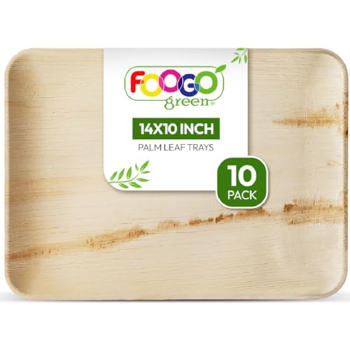 FOOGO Green 10 Einweg-Palmblatt-Serviertabletts, Groß, 14x10 Zoll (35x25 cm), Platten für Hochzeiten und Partys, Ähnlich wie Holzteller, Heißes Serviertablett, Umweltfreundliche Lebensmitteltabletts von FOOGO Green