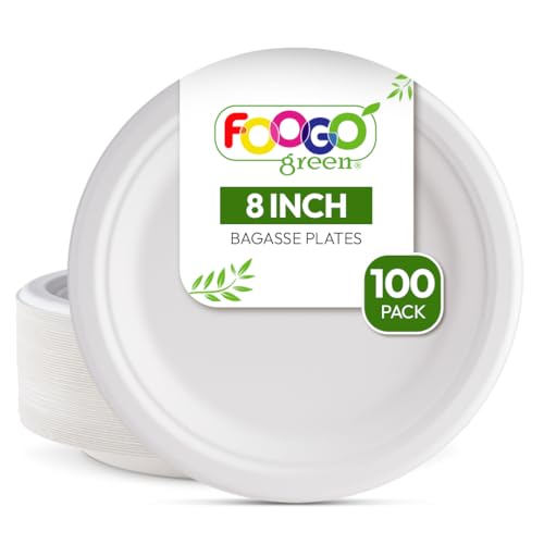FOOGO Green 100 Einweg-Teller aus Zuckerrohr-Bagasse, 8 Zoll (20 cm) Mittelgroß und rund, Pappteller, Umweltfreundlich, biologisch abbaubar, kompostierbare Teller, Picknick-Party-Teller von FOOGO Green