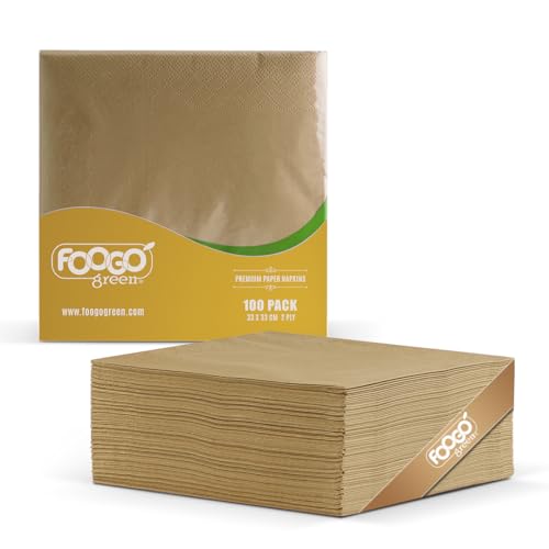 FOOGO Green Ungebleichte Papierservietten, 33 x 33 cm, 2-lagige Starke Papierservietten, Superweiche Papiertaschentücher, Cocktail-Servietten, Einwegservietten (100, Braun) von FOOGO Green