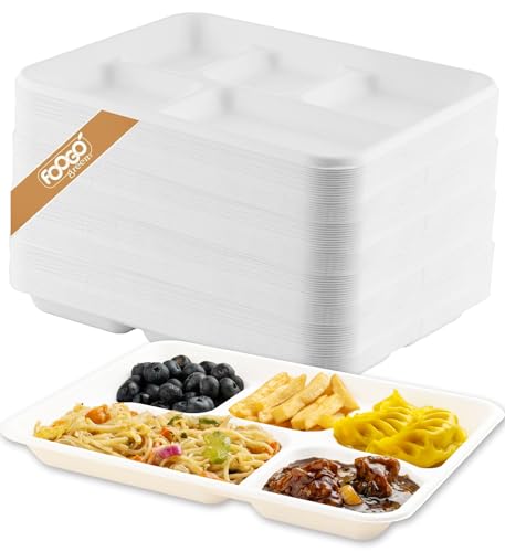 FOOGO Green 100 große Einweg-Teller mit Fächern, 25x20 cm, 5 Fächer – Teller aus Zuckerrohr-Bagasse – Unterteilungen für heiße Speisen – Portionierungsteller – umweltfreundlich und kompostierbar von FOOGO Green