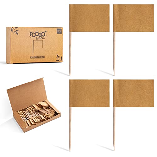 FOOGO Green 150 Stück Blanko-Flaggen-Cocktailspieße, braune Kraftpapieretiketten, 6,5 cm Mini-Food-Flaggen, Tortenaufsätze, Party-Speisestäbchen, stabile umweltfreundliche Holzstäbchen von FOOGO Green