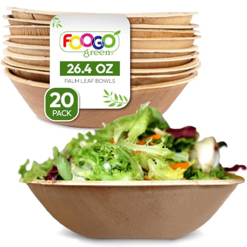 FOOGO Green 20 Einweg-Palmblatt-Servierschalen, 8 Zoll (20 cm) Party-Salatschalen, 750 ml, tief, rund, umweltfreundlich abbaubar, Hochzeit, Party, ähnlich wie Holzschale und Papierschale, Snackschale von FOOGO Green