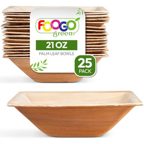 FOOGO Green 25 Einweg-Palmblatt-Schalen, 6,5" (16,5 cm) 20 Unzen (600 ml) Suppen-, Salat-, Dessertschalen, Tiefe, Quadratische, Robuste, Umweltfreundliche, Biologisch abbaubare Party von FOOGO Green