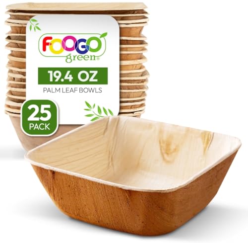 FOOGO Green 25 Einweg-Palmblatt-Schalen, 5,5" (13 cm) 19,4 Unzen (550 ml) Suppen-, Salat-, Dessertschalen, Tiefe, Quadratische, Robuste Party- und Hochzeitsschalen von FOOGO Green