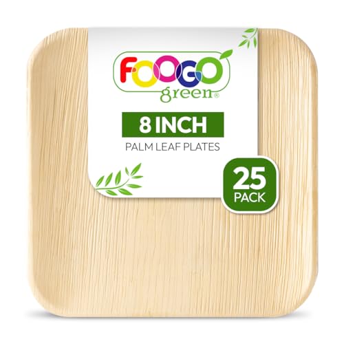 FOOGO Green 25 Einweg-Palmblattteller, 8" (20 cm) Mittelgroß, Quadratisch, Umweltfreundlich, kompostierbare Teller, Wie Holzteller, Papierteller, Heißes Essen, Hochzeit, Partyteller, Picknick von FOOGO Green