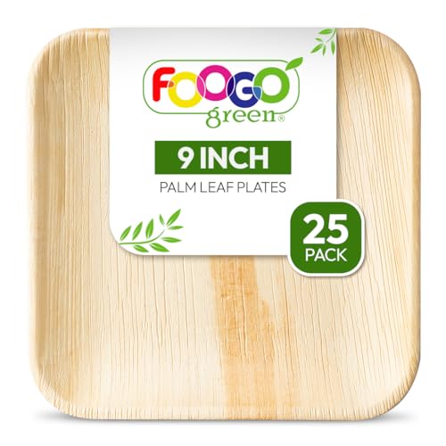 FOOGO Green 25 Einweg-Palmblattteller, 9" (23 cm) Groß, Quadratisch, Umweltfreundlich, kompostierbare Teller, Wie Holzteller, Papierteller, für Heißes Essen, Hochzeit, Picknick-Party-Teller von FOOGO Green