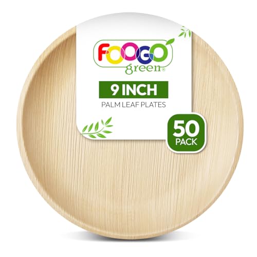 FOOGO Green 50 Einweg-Palmblatt-Teller, 23 cm, groß, rund, umweltfreundlich, biologisch abbaubar, kompostierbar, wie Holzteller, Pappteller, für heiße Speisen, Picknick-Partyteller von FOOGO Green