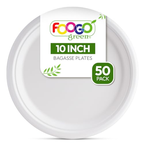 FOOGO Green 50 Einweg-Teller aus Zuckerrohr-Bagasse, 10 Zoll (25 cm) Groß und rund, Pappteller, Umweltfreundlich, biologisch abbaubar, kompostierbare Teller, für heiße Speisen, Picknick-Party-Teller von FOOGO Green