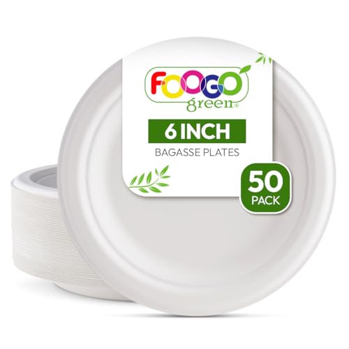 FOOGO Green 50 Stück Einweg-Sugarcane-Bagasse-Teller, 6 Zoll (15 cm) Klein, Desserts und Beilagen, umweltfreundlich, biologisch abbaubar, kompostierbare, Picknick-Party-Pappteller von FOOGO Green