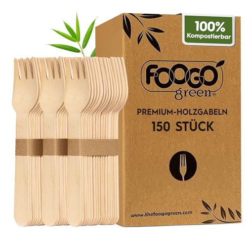 FOOGO Green Einweg-Gabeln 150-teilig, 16 cm – Nachhaltige Gabeln aus Birkenholz – Holzbesteck kompostierbar & biologisch abbaubar – Nachhaltiges Einwegbesteck ideal für Party & Picknick von FOOGO Green