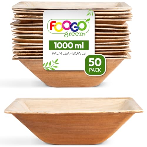 FOOGO Green Palmblatt-Schalen 1000 ml, Ø 20 cm, 50 Stück – Stabile Einwegschüsseln aus Palmblättern – Geschirr kompostierbar & biologisch abbaubar – Einweggeschirr für Party & Picknick von FOOGO Green
