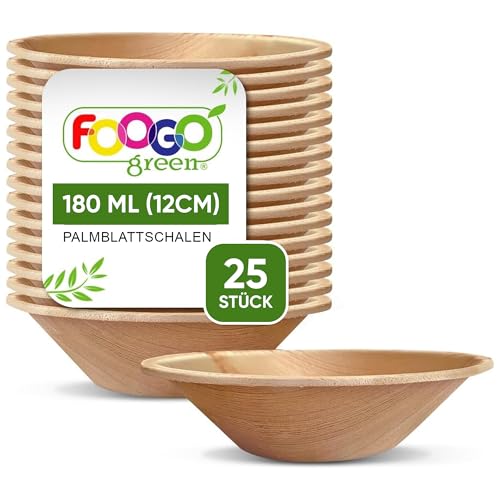 FOOGO Green Palmblatt-Schalen 180 ml, Ø 12 cm, 25 Stück – Stabile Einwegschüsseln aus Palmblättern – Palmblatt-Geschirr kompostierbar & biologisch abbaubar – Einweggeschirr für Party & Picknick FOOGO Green Palmblatt-Schalen 180 ml, Ø 12 cm, 25 Stück – Stabile Einwegschüsseln aus Palmblättern – Palmblatt-Geschirr kompostierbar & biologisch abbaubar – Einweggeschirr für Party & Picknick von FOOGO Green