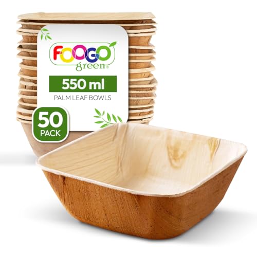 FOOGO Green Palmblatt-Schalen 550 ml, Ø 13 cm, 50 Stück – Stabile Einwegschüsseln aus Palmblättern – Geschirr kompostierbar & biologisch abbaubar – Einweggeschirr für Party & Picknick von FOOGO Green
