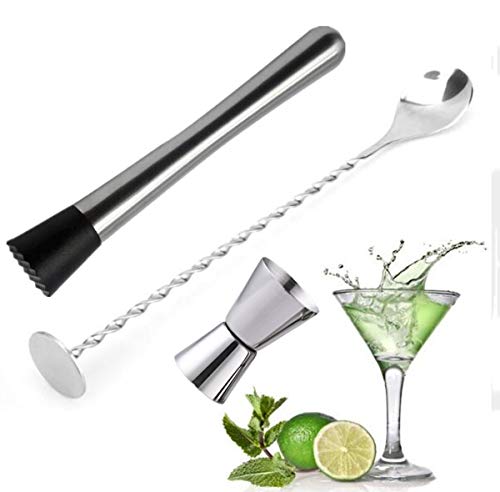 Muddler kit Stainless Steel Cocktail Muddler, Mixing Spoon with Masher, Jigger Dual Spirit Measure Cup, Bar Tool Essentials Set of 3 (Silber)… von FOOLS ALIBAI