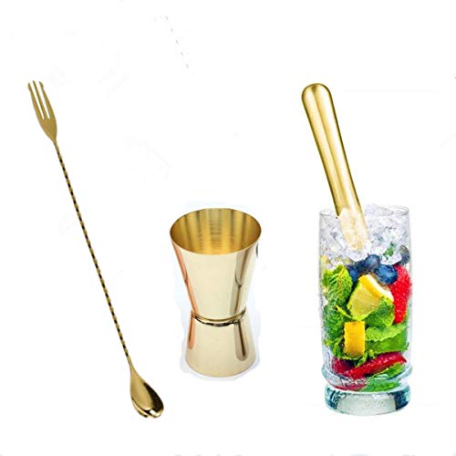 Cocktail-Stößel mit Kupfer-Finish, gedrehter Rührlöffel mit Gabel, Doppel-Messbecher-Set, Bar-Werkzeug, Essentials, professionelles Bar-Werkzeug-Set (Golden) von FOOLSALIBAI