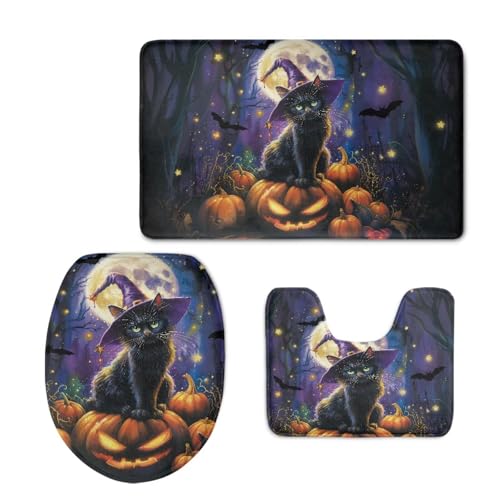 FOR U DESIGNS 3-teiliges Badezimmerteppich-Set, rutschfeste Badematten für Senioren, U-förmiger WC-Vorleger mit niedlicher Hexenkatze, Jack-O'-Lantern und Vollmond, weich, saugfähig FOR U DESIGNS 3-teiliges Badezimmerteppich-Set, rutschfeste Badematten für Senioren, U-förmiger WC-Vorleger mit niedlicher Hexenkatze, Jack-O'-Lantern und Vollmond, weich, saugfähig von FOR U DESIGNS