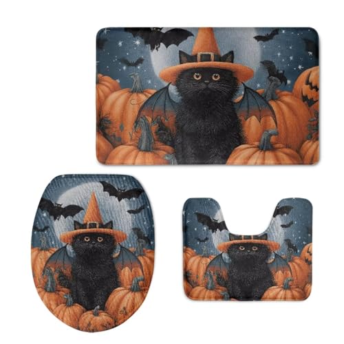 FOR U DESIGNS 3-teiliges Halloween-Badezimmerteppich-Set, niedliche schwarze Katze, Hexenhut, Kürbis, Fledermaus, rutschfest, Badematte, Toilettensitzbezug, Konturteppich, weich, saugfähig von FOR U DESIGNS