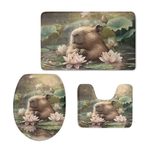 FOR U DESIGNS Capybara Badezimmer-Set mit Wasserlilien-Druck, niedlicher rutschfester Badematte + Toilettensitzbezug + U-förmiger Teppich, lebendige Blumen und bezaubernde Kunst für gemütliche von FOR U DESIGNS