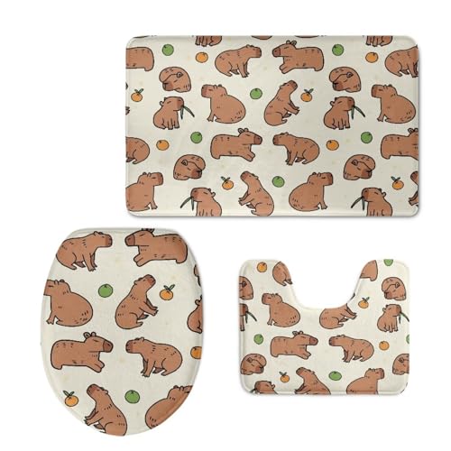 FOR U DESIGNS Capybara Badezimmerteppich-Set, niedlicher Cartoon-Badematte, rutschfest, saugfähig, WC-Sitzbezug, weiche Kontur, waschbar, für Heimdekoration, Wasserrattenliebhaber, Party von FOR U DESIGNS