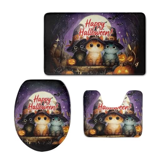 FOR U DESIGNS Halloween-Katzen-Toilettensitzbezüge-Set, violett, Mondnacht, mit Happy Halloween-Druck, rutschfest, saugfähig, weich, maschinenwaschbar, Badezimmerteppich, Matte für Urlaubsdekoration von FOR U DESIGNS