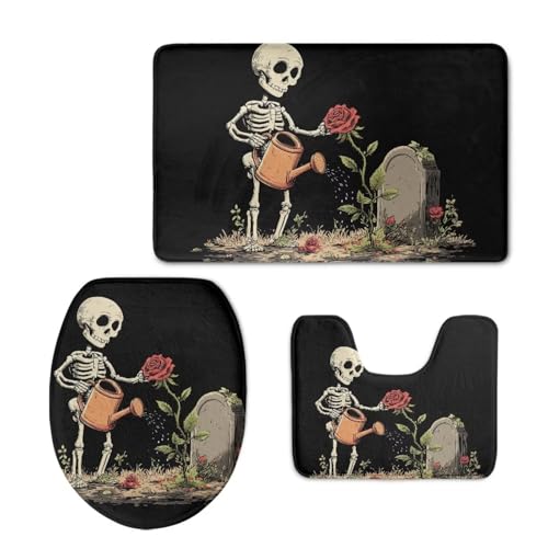 FOR U DESIGNS Halloween-Skelett 3-teiliges Badezimmerteppich-Set, schwarzer Grabstein, Totenkopf-Druck, saugfähig, maschinenwaschbar, WC-Sitzbezug, gruselige Gothic-Dekoration für Party von FOR U DESIGNS